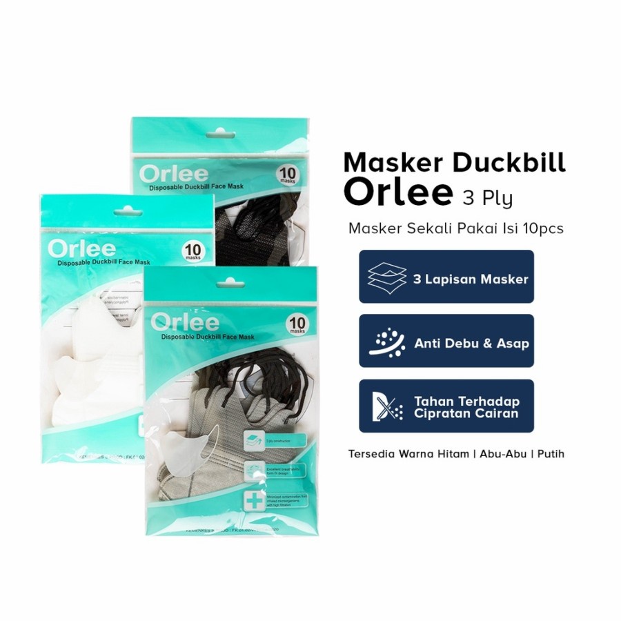 Masker Duckbill Orlee Earloop Putih Hitam 3ply 3 ply Emboss isi 10 Pcs