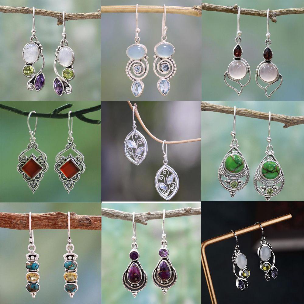 Nanas 1pasang Moonstone Earrings Chic Hook Menjuntai Pertunangan Pernikahan Turquoise