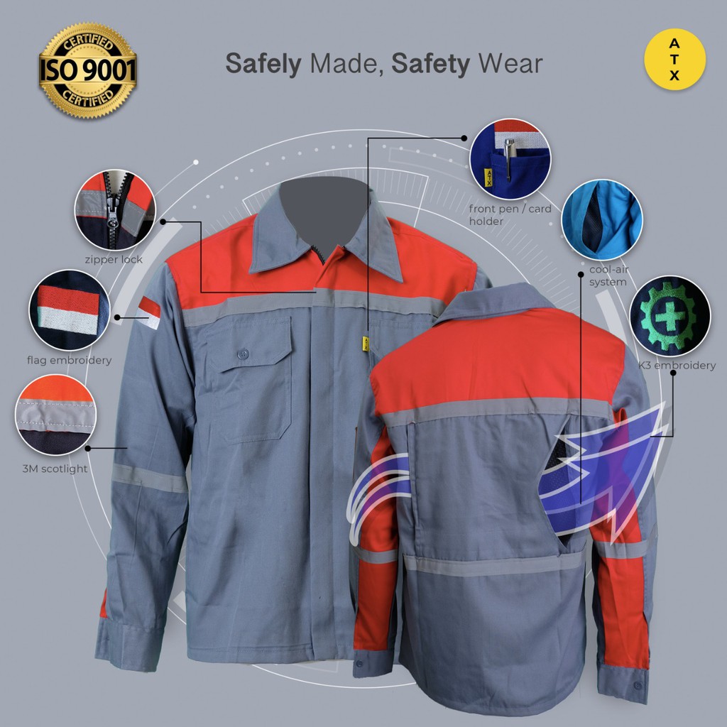 Wearpack Atasan Kemeja Safety Baju Safety Merah Kombinasi Abu Merk ATX