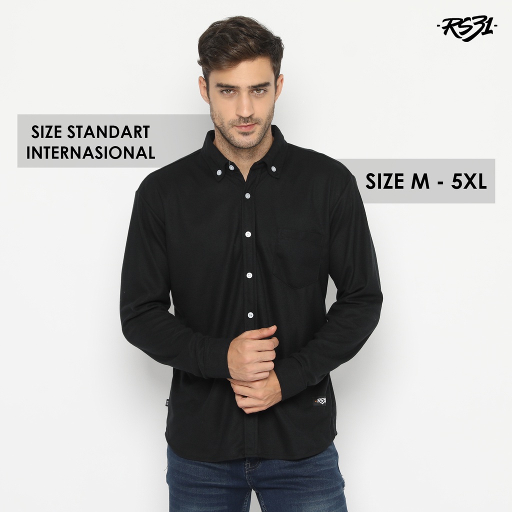 RS31 Baju Kemeja Albama Polo Shirt Black Basic Cowok Jumbo - Kemeja Polo Lengan Panjang Hitam Big Size