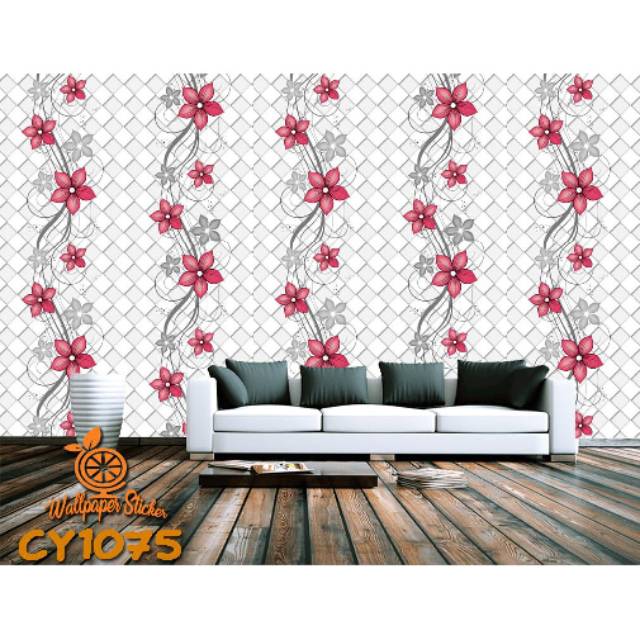 Wallpaper Stiker Wallsticker 45cmx10m motif Bunga Merah Salur CY1075