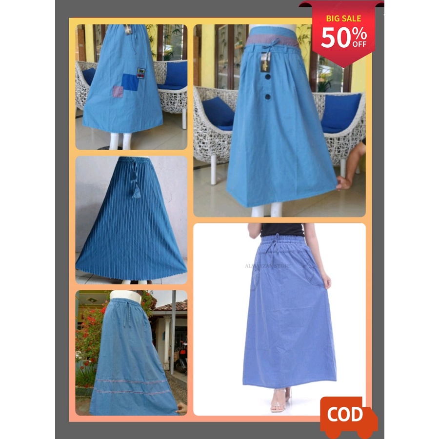 Rok Jeans Panjang Wanita | Rok Jeans Kancing Depan | Rok Denim Panjang | Rok Plisket Premium Wanita