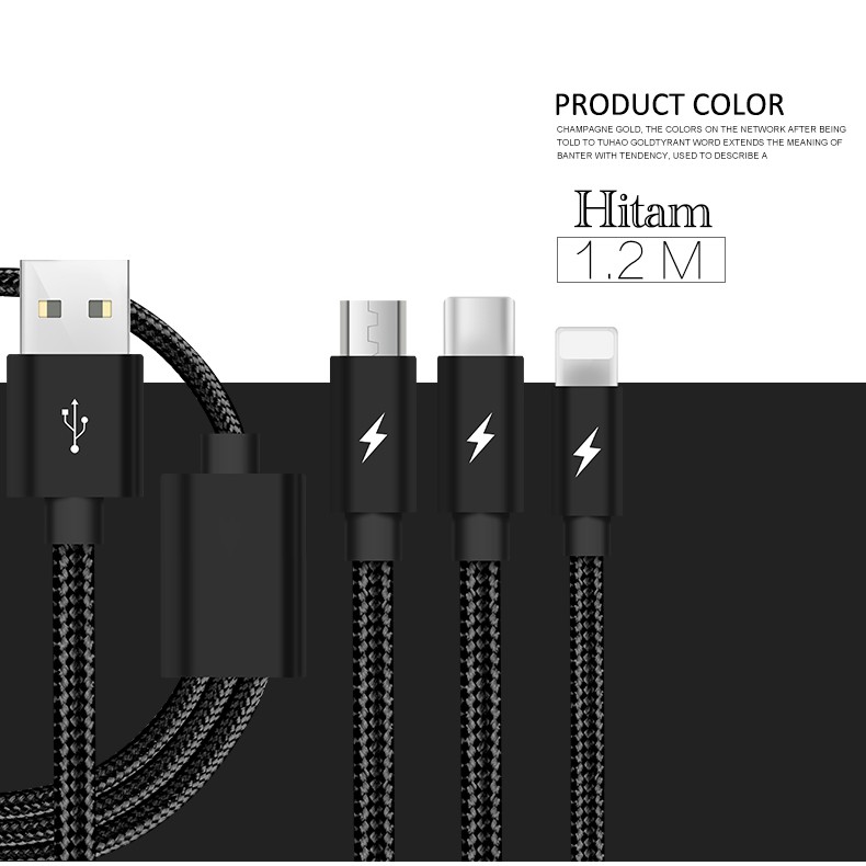 Kabel data / Cable USB 3 in 1 MICRO TYPE C LIGHTNING IPHONE ANDROID 1.2M (pack plastik)