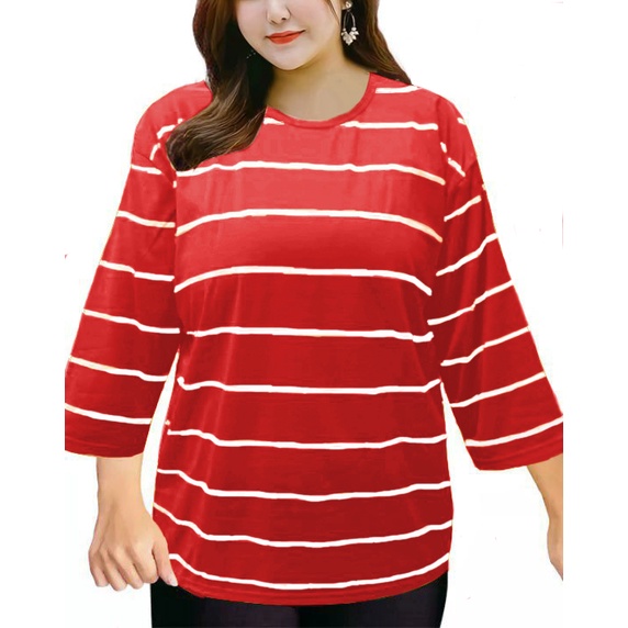 Atasan Kaos Salur Putih Wanita Oversize Lengan 3/4 Round Neck