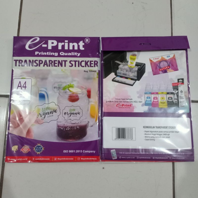 

Kertas Sticker Eprint Transparant Stiker A4 150gsm / Transparent E Print