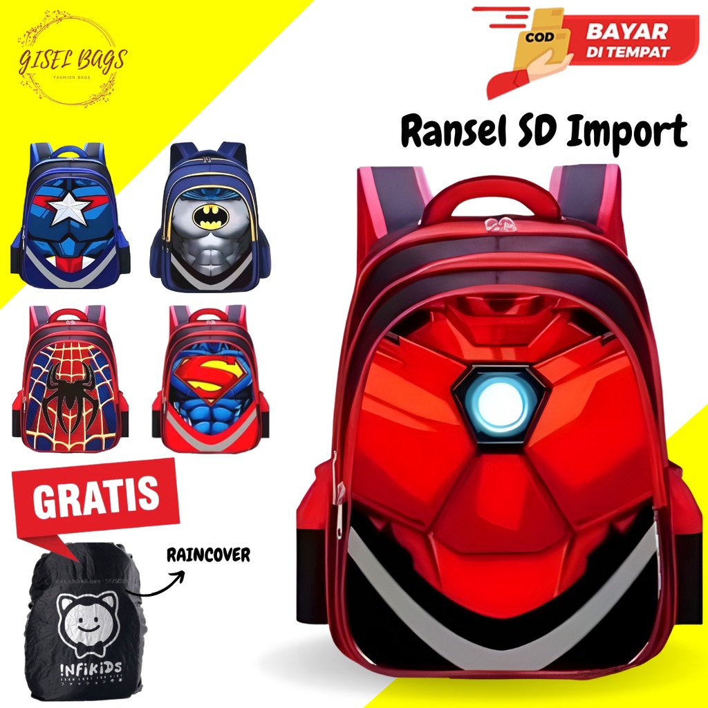 Gisel Bags Tas Sekolah anak laki laki sd karakter super hero Tas Import bahan tebel