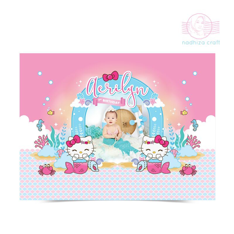 BACKDROP BANNER ULANG TAHUN TEMA HELLO KITTY MERMAID