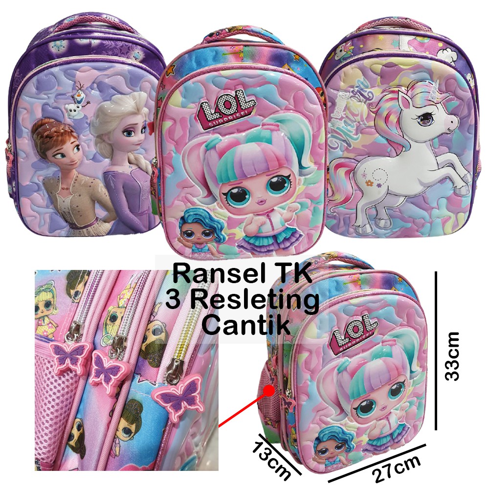 PROMO 10.10 Ransel Import Tas Anak Sekolah Perempuan TK Gambar Kuda Ajaib dan Putri Cantik LILAC 3Resleting dan PIRANG 3D 2Resleting ( Pilihan Varian )