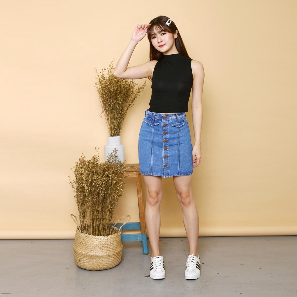 WOLU - Rok Jeans Pendek Wanita Mini Skirt Kancing Depan Cherina