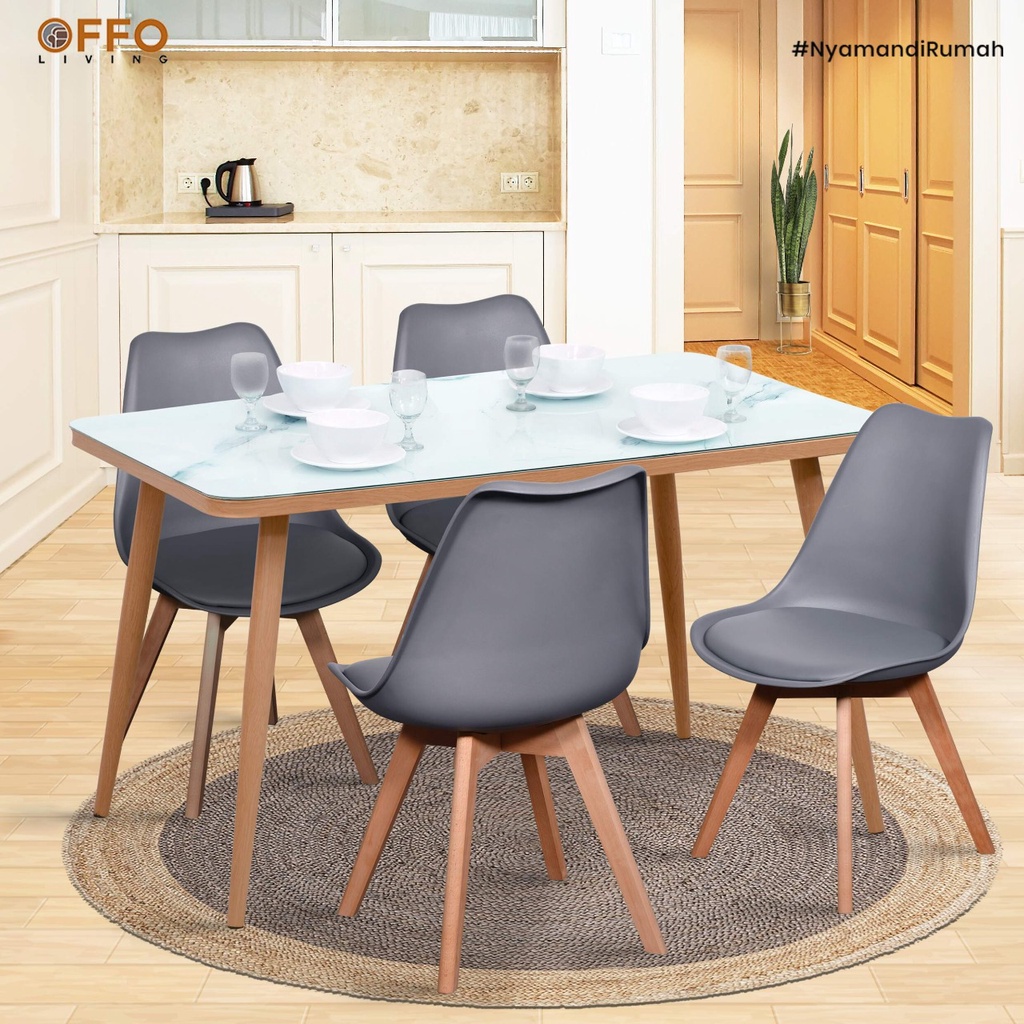 Offo Living - Meja Makan Set Kaca Minimalis Kiona with Chair A341 Grey - DT-1901C-WHT