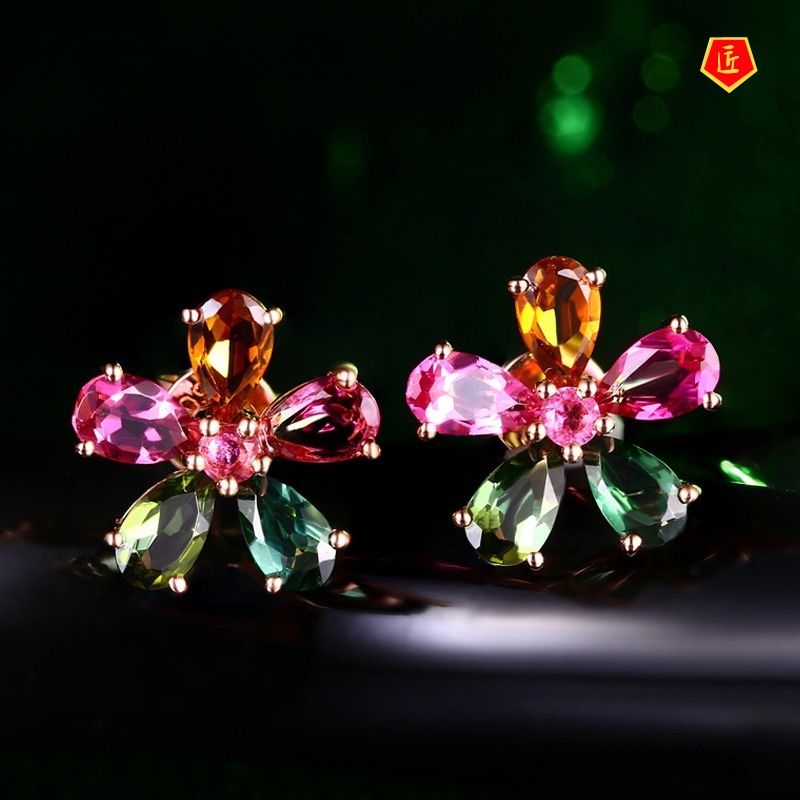 [Ready Stock]18K Rose Gold Diamond Colored Gemstone Earrings Fashion