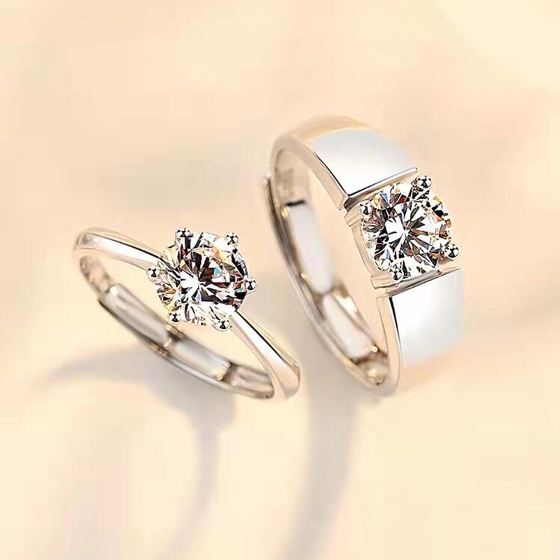 2pcs Cincin Kristal Zircon Warna Silver Untuk Pria Dan Wanita