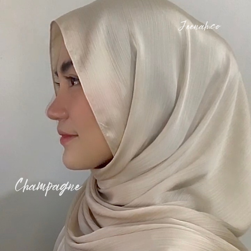 Pashmina Premium Satin Silk Malaysia Textured Crinkle (JAHIT TEPI KECIL SUPER RAPI)-Champagne