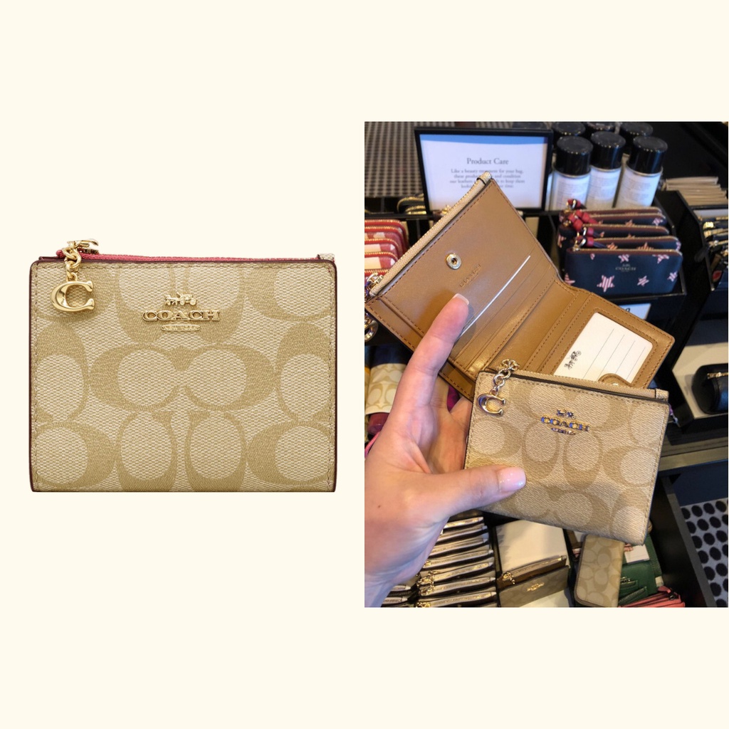 [ORIGINAL 100%] Coach F78002 Snap Card Case in Signature Canvas - Light Khaki