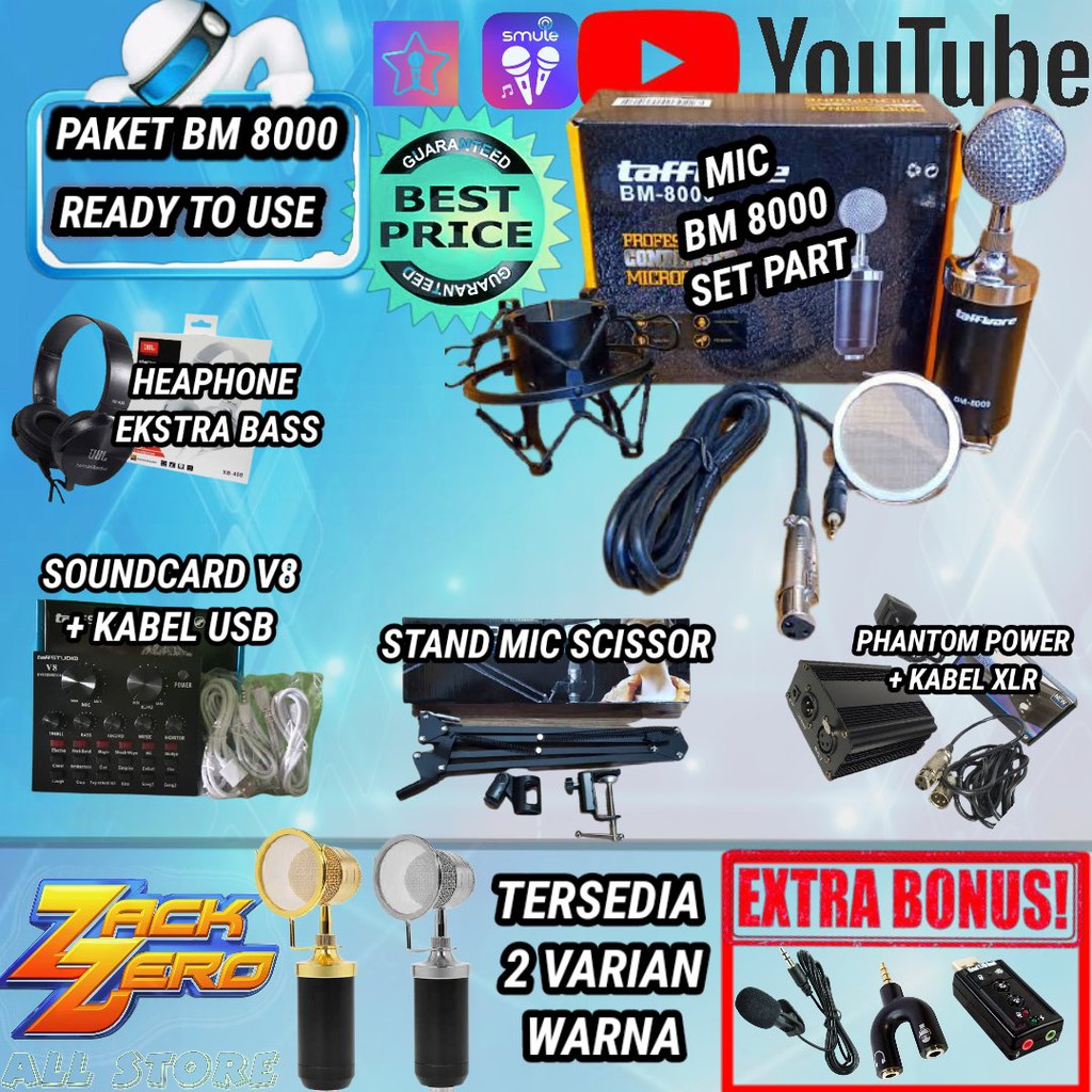 PAKET HOME RECORDING MIC BM 8000 SOUNDCARD V8 PHANTOM POWER STAND MIC MEJA FULLSET LENGKAP