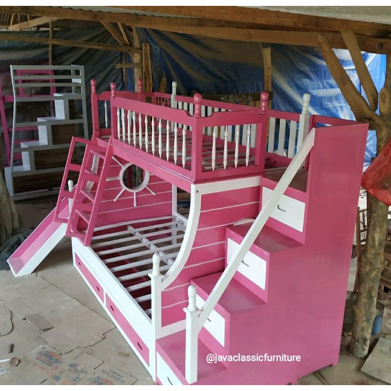 RANJANG TEMPAT TIDUR ANAK TINGKAT DIPAN SUSUN LACI DILENGKAPI PROSOTAN SELUNCURAN BAHAN KAYU FINISHING DUCO PUTIH PINK MURAH FURNITURE JEPARA-3