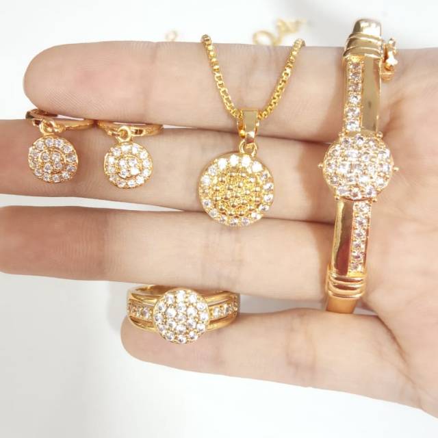 Perhiasan wanita satu set bangkok bulat full permata gold cantik 18k aksesoris fashion paket aksesoris fashion