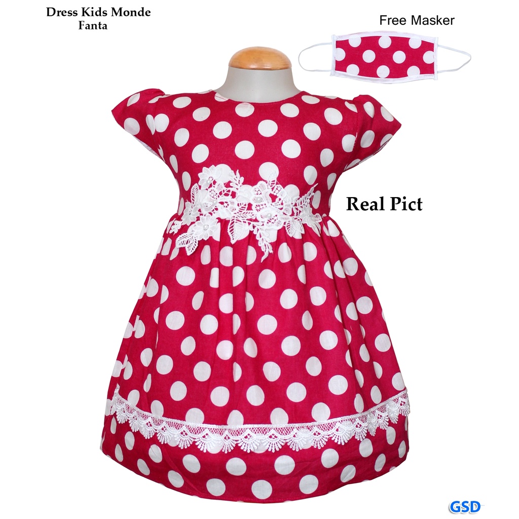 Dress Kids Monde/Pakaian Santai Anak Bahan Katun Polkadot / Midi Dress Renda Free Masker Kain