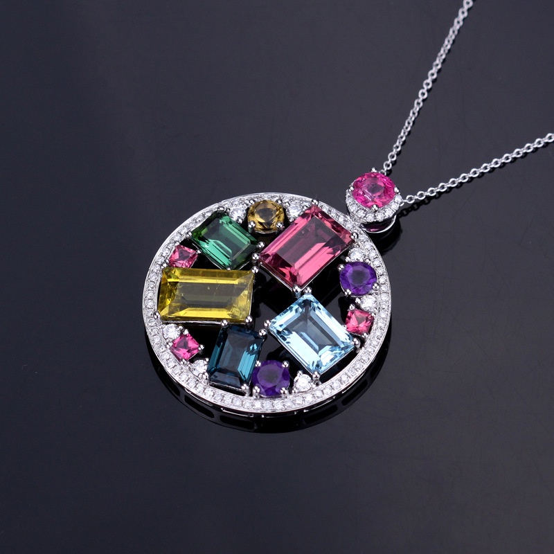 [Ready Stock]Fashion Seven Color Gem round Pendant Necklace