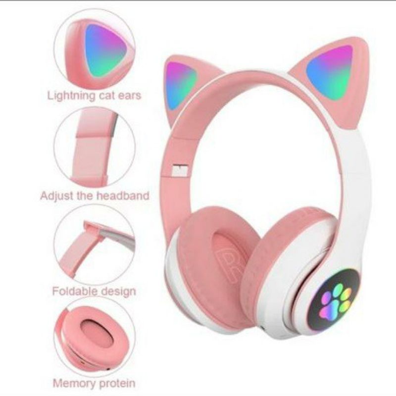 HEADSET BANDO CAT EAR HEADPHONE STN-28 BLUETOOTH LED WIRELESS STEREO BASS