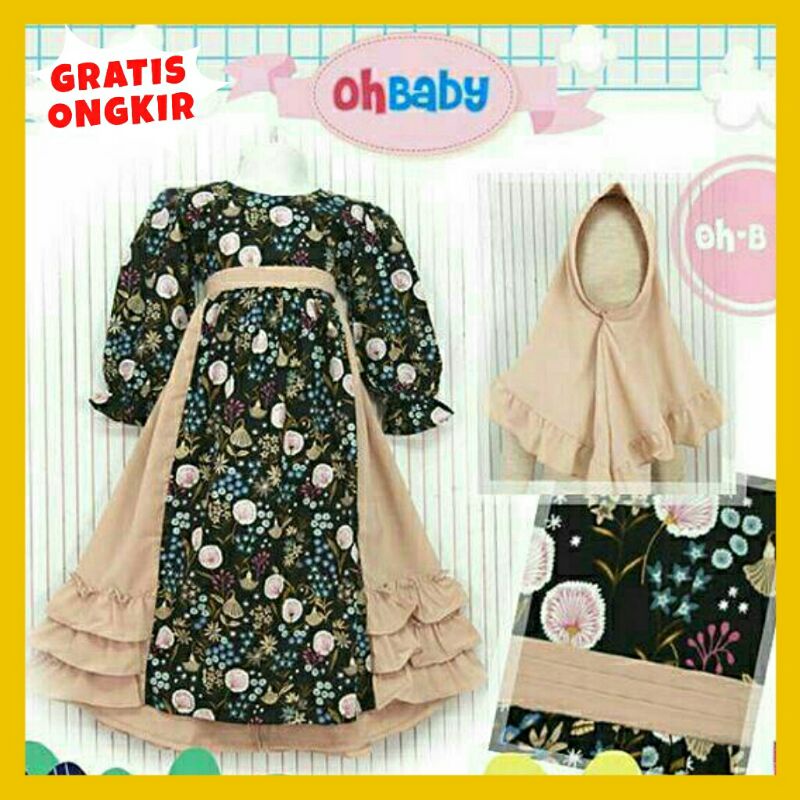 Hn Oh Baby Set Gamis Anak Perempuan 3-6 Tahun Set Gamis Jilbab Anak Katun Jepang Unik