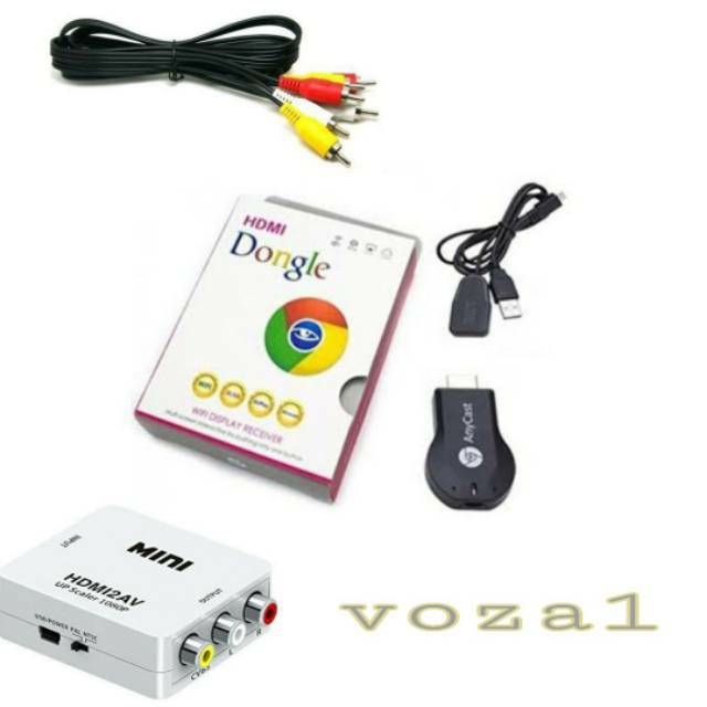 Anycast dongle + HDMI 2AV + Kabel RCA Paket Menapilkan HP Ke TV Tabung