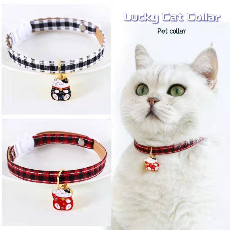 Kalung Rantai Leher Kucing Anjing Peliharaan Bahan Kulit PU Motif Kotak-Kotak Dengan Lonceng