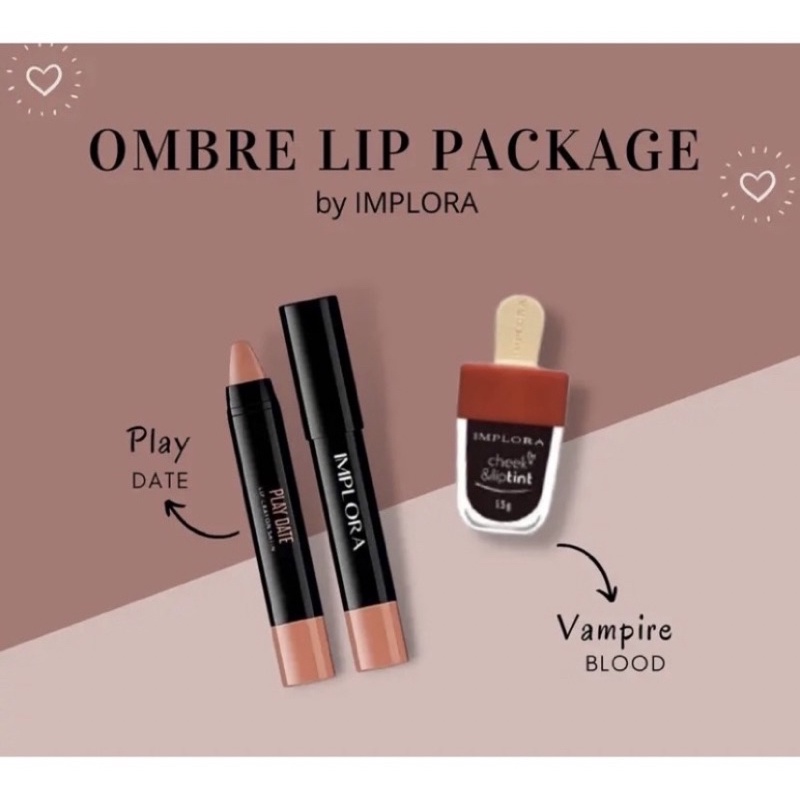 IMPLORA PAKET OMBRE LIPCREAM DUAKY NUDE + VAMPIRE BLOOD LIP VELVET IMPLORA HONEST + VAMPIRE BLOOD IMPLORA CRAYON PLAYDATE + IMPLORA LIPTINT VAMPIRE BLOODE