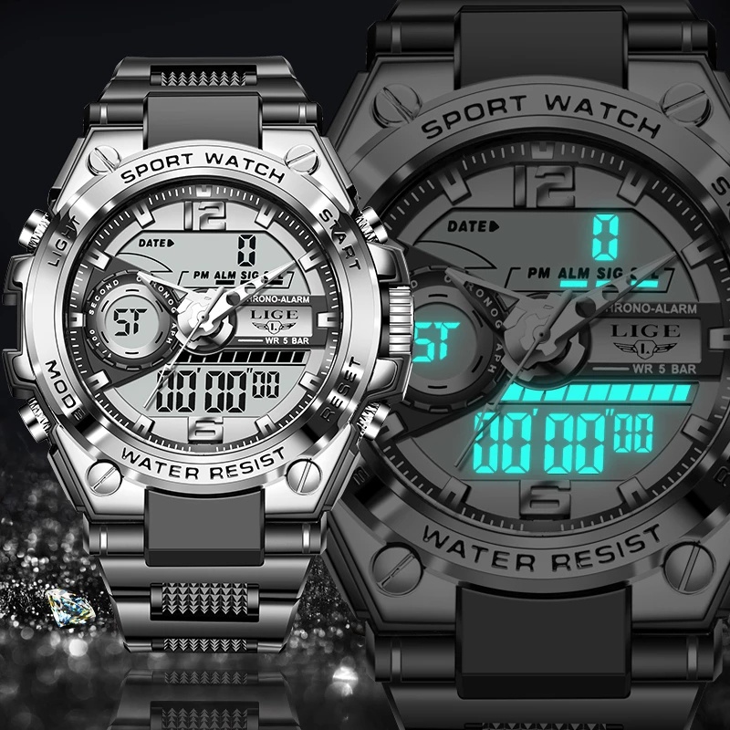 LIGE Jam Tangan Digital Pria Multifungsi Arloji Bercahaya Waktu Ganda Kalender Jam Tangan Elektronik + Kotak