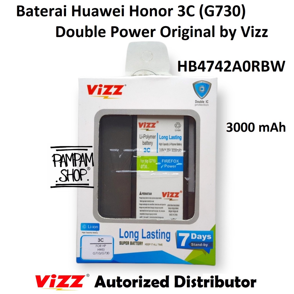 Baterai Vizz Double Power Huawei Honor 3C G730 HB4742A0RBW Original Batre Batrai Battery Ori HP Handphone