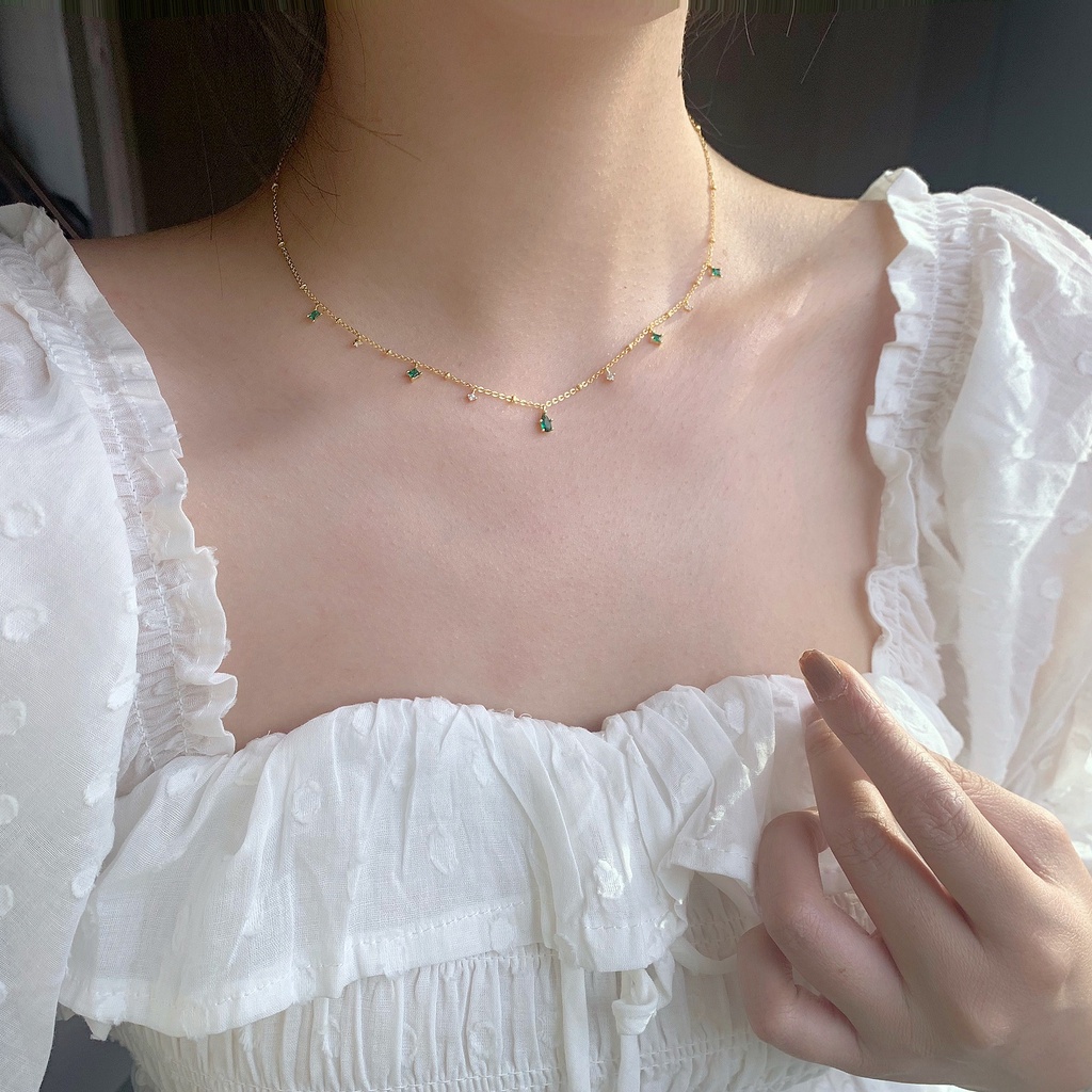 Needway  Temperament Zircon Necklace Girls Choker Clavicle Chain Women Exquisite Copper Green Simple Fashion Jewelry/Multicolor