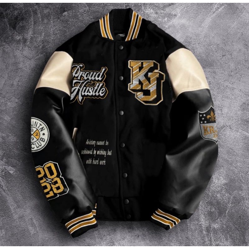 PROUD HUSTLE Varsity Leather Jacket | Vintage Jacket Retro | Jaket Kulit Varsity Trendy Keren