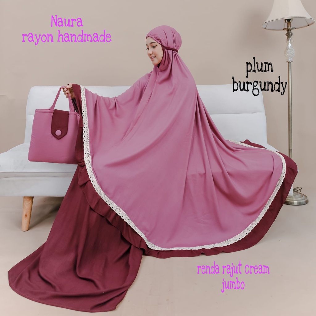 Mukena Naura Rayon Atasan Plum Bawahan 5 Variasi Warna Renda Rajut Cream Jumbo Handmade Bali Polosan Mukenah High Quality - Dewasa