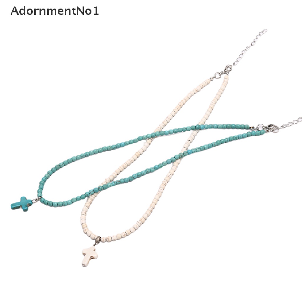 (AdornmentNo1) Kalung Choker Rantai Fashion Gaya Bohemia Motif Salib + Batu Turquoise Untuk Wanita / Pantai