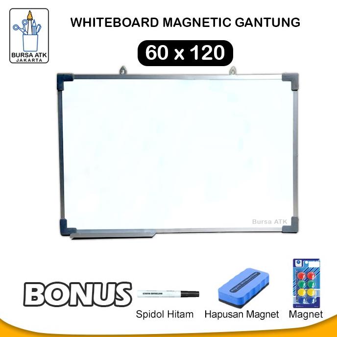 

Whiteboard Magnetic Gantung 60 x 120 Spidol HTM, Magnet, Hapusan