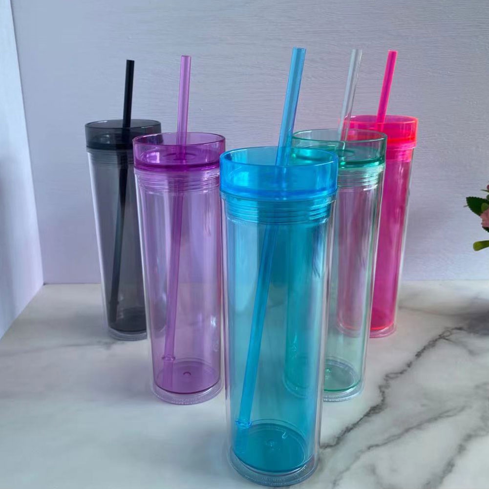Cangkir Air Bahan Plastik Pp Transparan Double Layer Dengan Sedotan Ukuran 473ml / 16oz