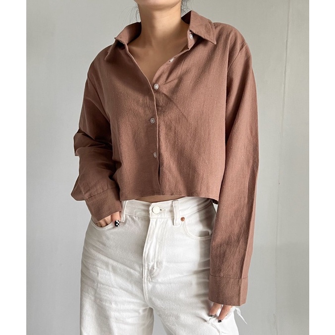 Ceya Top | Kemeja Crop Linen Lengan Panjang | Outer Crop Linen - Atasan Wanita 993-Tiramisu