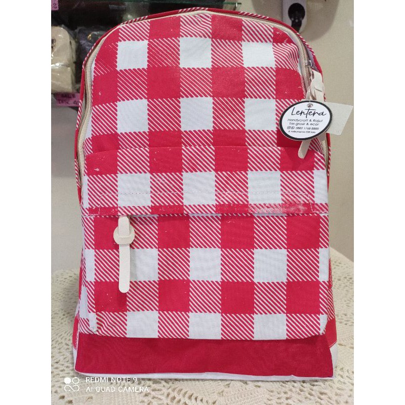 Tas Ransel Wanita Motif Kotak Kotak Simple Fashion