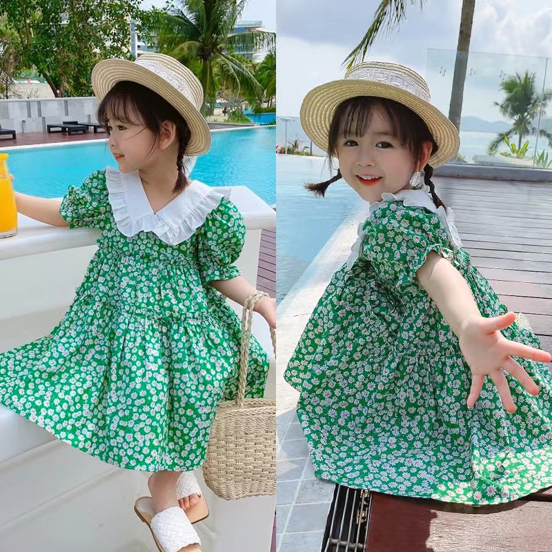 Dress Anak Perempuan Korean Fashion Floral Printed Warna Hijau Gaun