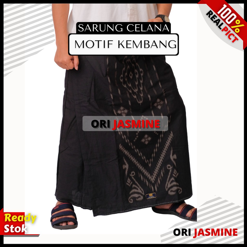 Sarung celana dewasa muslim jumbo hitam motif batik kembang pria murah