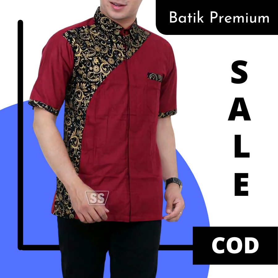 Kemeja Batik Merah Maroon Pria Lengan Pendek Batik Kombinasi Pekalongan Modern Size M L XL XXL