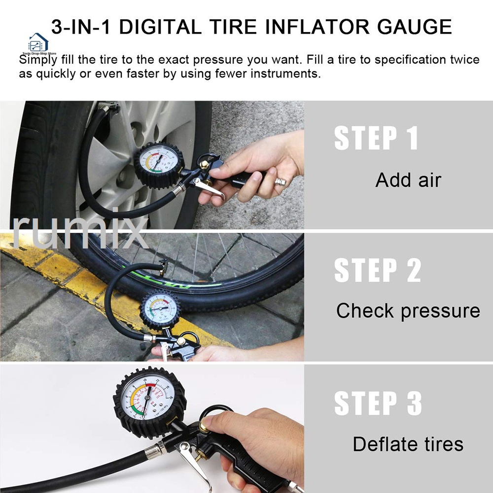 Tire Inflator Air Pressure Gun Isi Ukur Tekanan Angin 3 in 1 Tire Gauge Kit Alat Pengisi Ukur Tekanan Buang Angin Ban