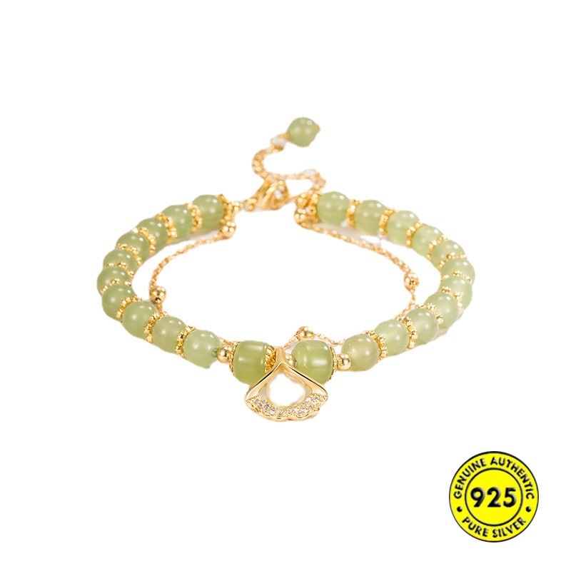 Gelang Tangan Rantai Lapis Emas 18K Aksen Daun Ginkgo Jade Untuk Wanita