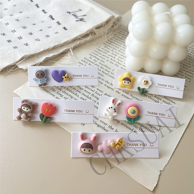 Anting Tusuk Motif Kartun Bunga / Beruang / Smiley Face Lucu Untuk Wanita