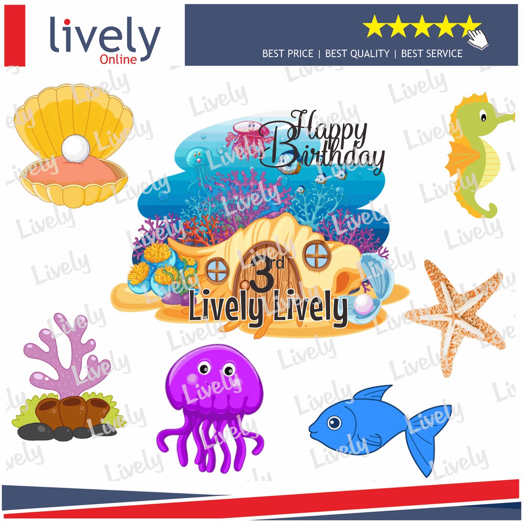 CUSTOM NAMA HIASAN KUE ULANG TAHUN KARAKTER UNDERWATER 01 CAKE TOPPER HAPPY BIRTHDAY