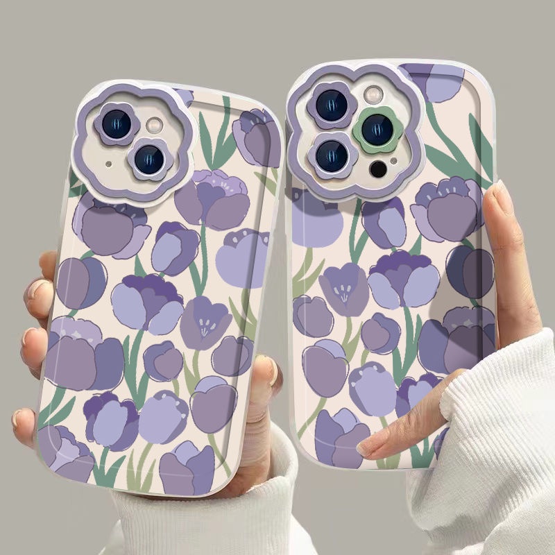 Soft Case Silikon Motif Bunga Tulip Ungu Untuk IPhone 12 13 11 Pro Max X Xs Max Xr 7 8 Plus Dkmn