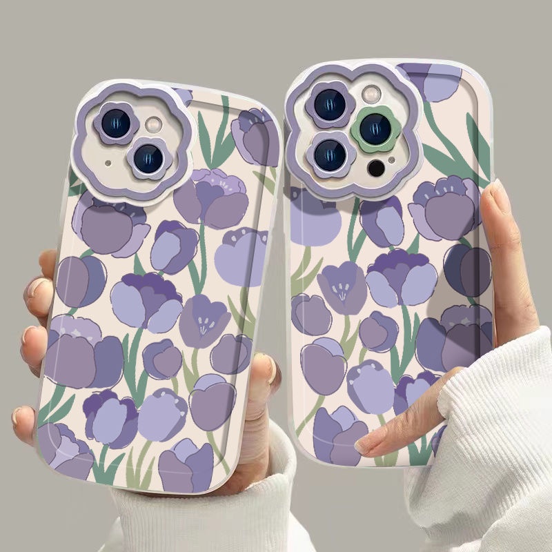 Soft Case Silikon Motif Bunga Tulip Ungu Untuk IPhone 12 13 11 Pro Max X Xs Max Xr 7 8 Plus Dkmn