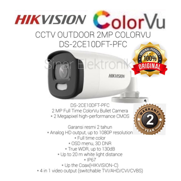 Camera outdoor colorvu 2mp HIKVISION DS-2CE10DFT-PFC full time color