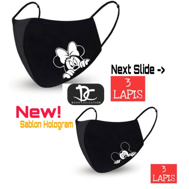 Masker DISNEY Mickey Mouse , Minnie Mouse / Masker hitam 3PLY kain 3 lapis