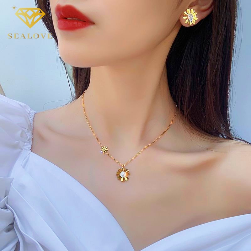 SEALOVE Kalung Anting Set Daisy Wanita kalung titanium anti karat dan luntur 18k Emas Perhiasan Premium Korea